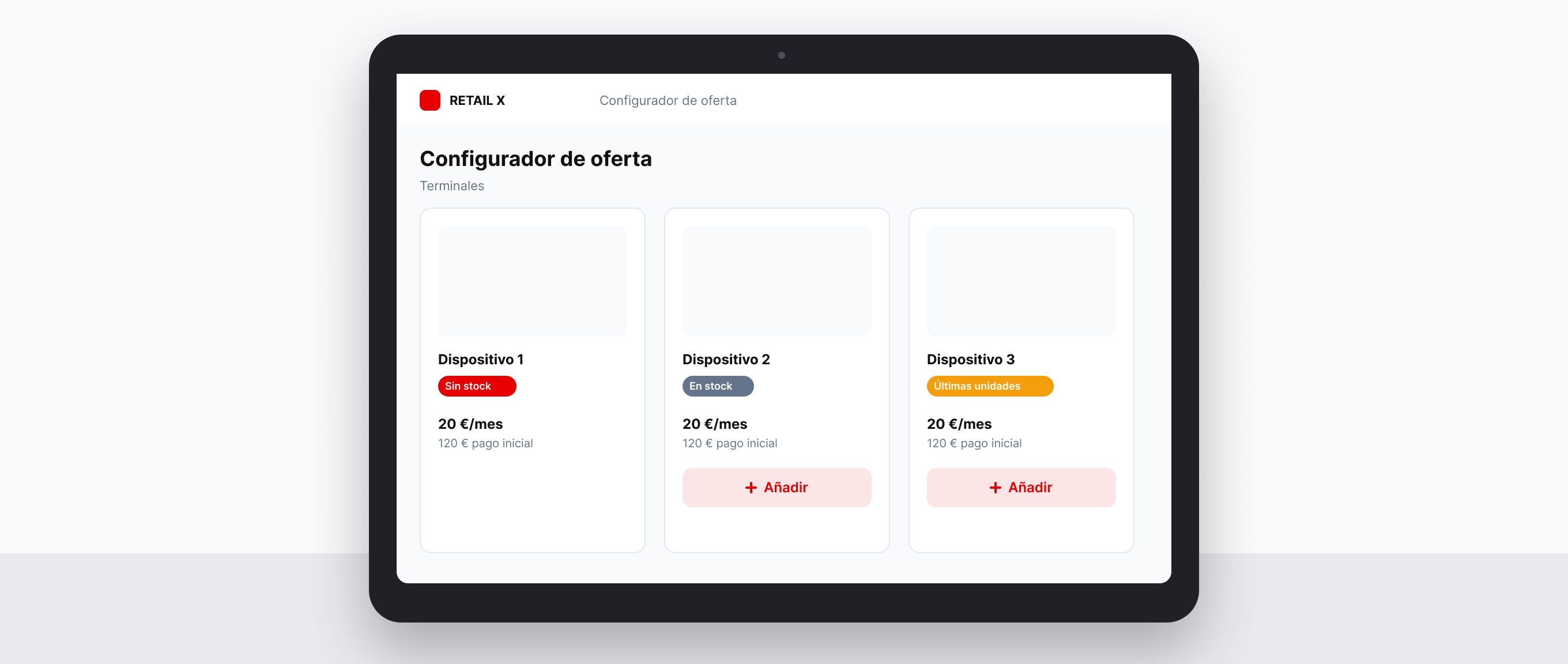 El configurador recreado dentro de una tablet, sobre una superficie de mostrador de tienda