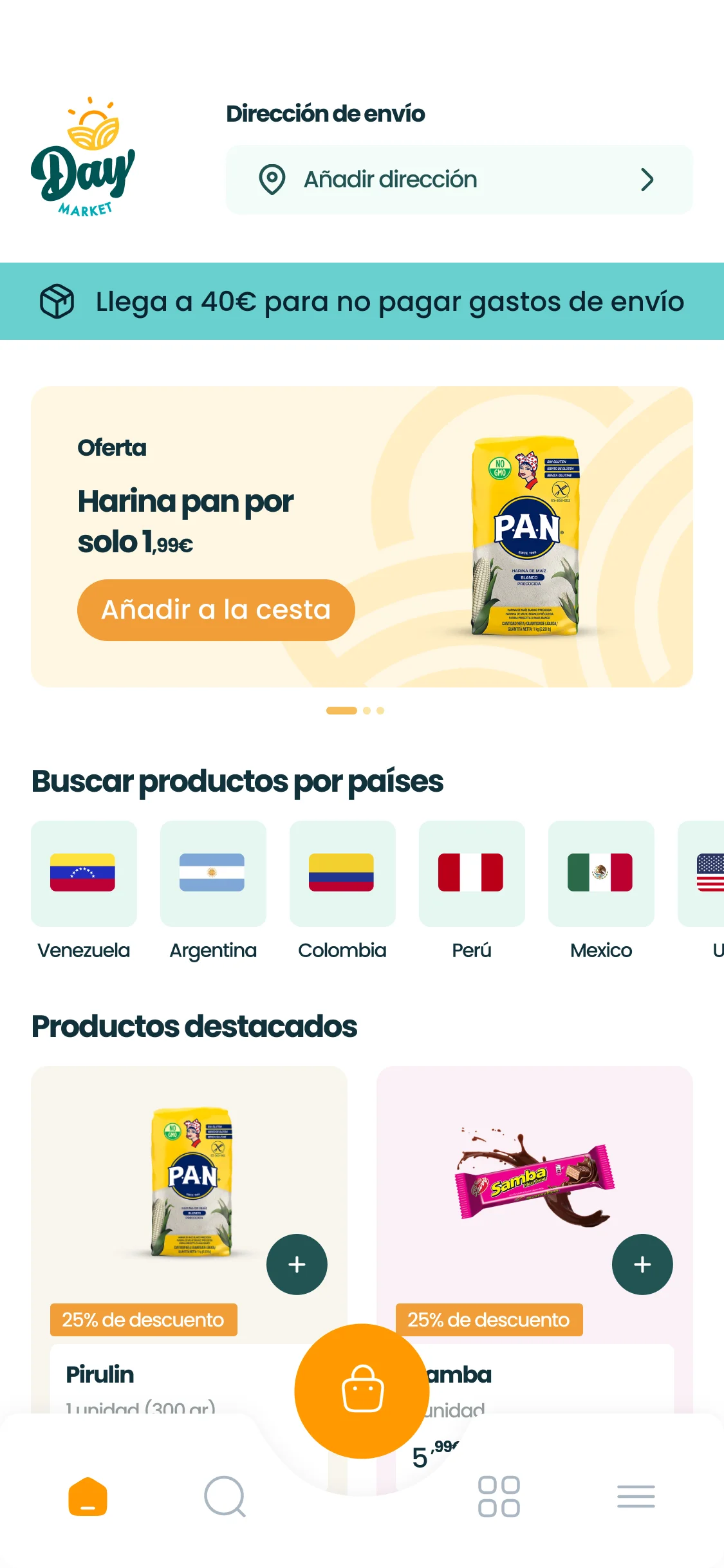 Diseño de la app: inicio con navegación por país y productos destacados