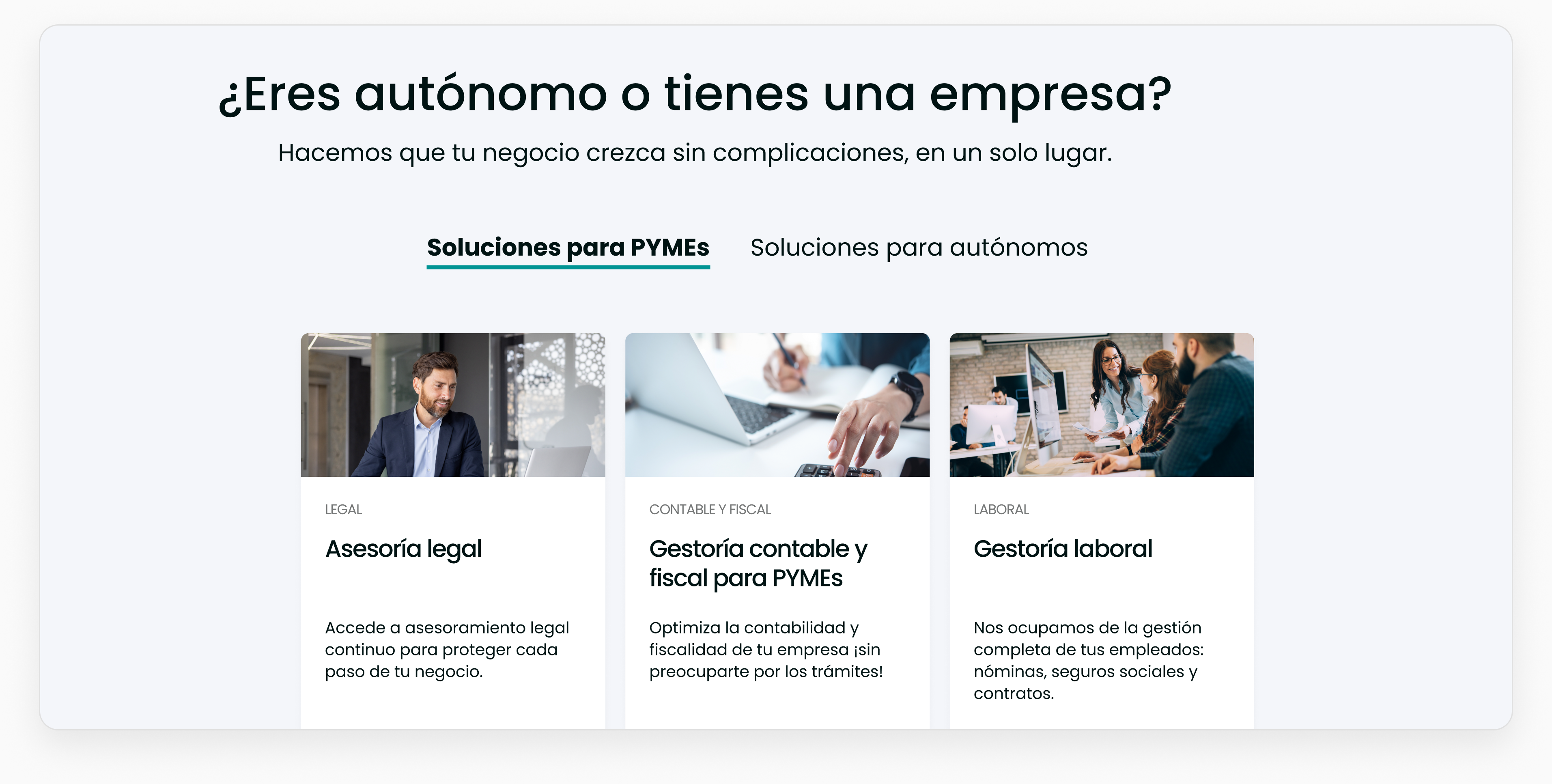 Sección de negocios publicada: pregunta por perfil (autónomo o empresa), pestañas de soluciones y tarjetas de servicio con foto