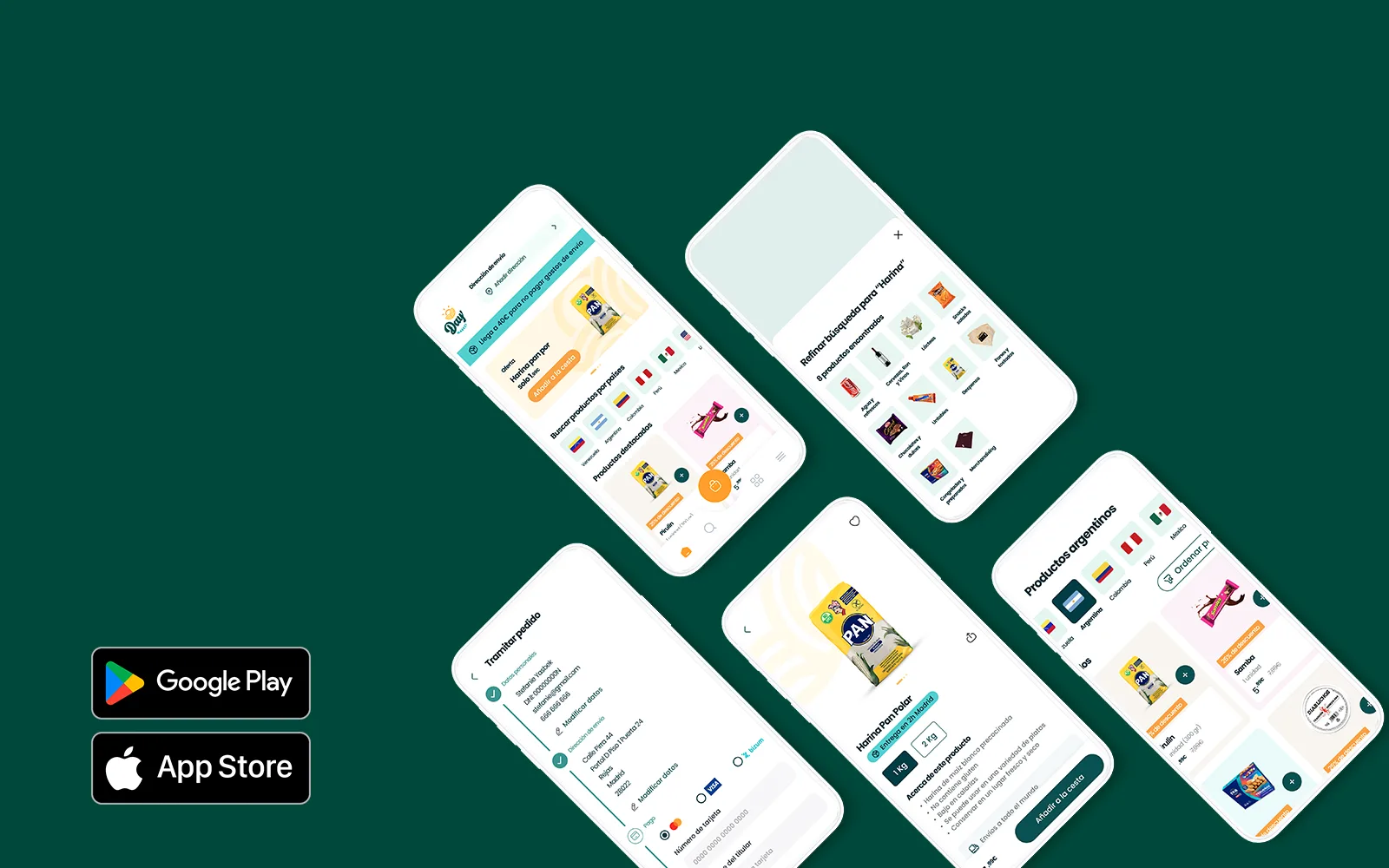 Recreación ilustrativa de la app de Day Market: catálogo filtrado por país, ficha de producto, búsqueda y tramitación de pedido